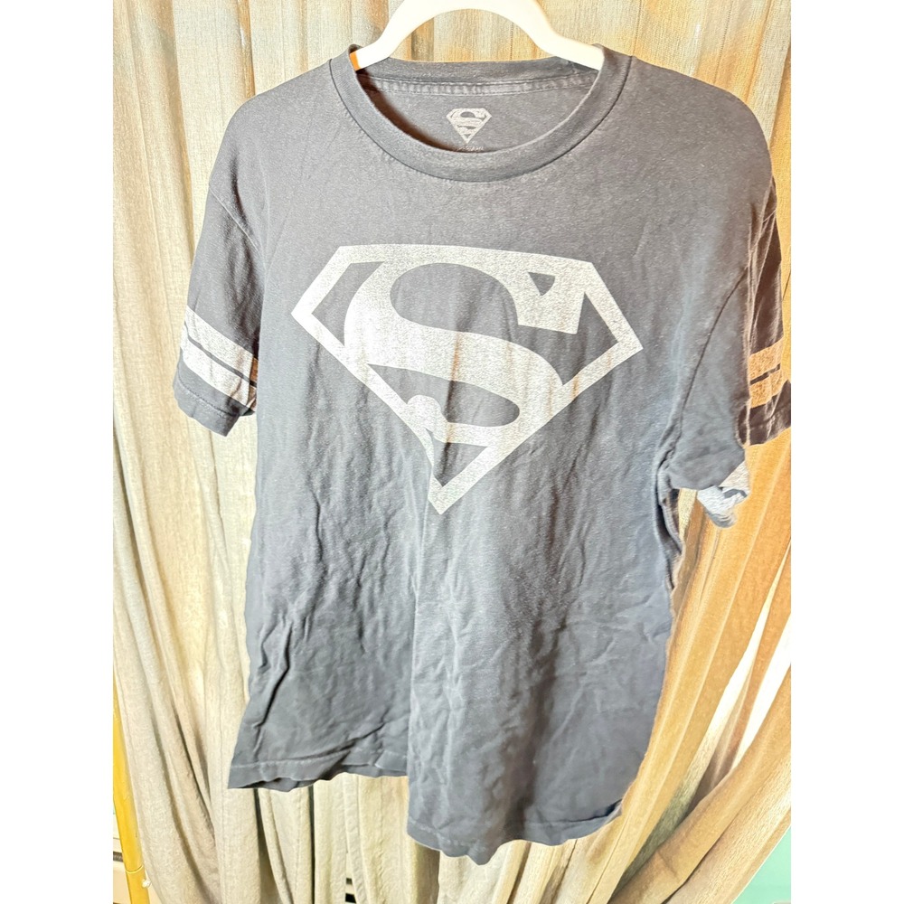 Superman DC Comics Graphic T-Shirt Mens Large Black Varsity Stripe Shield Logo
